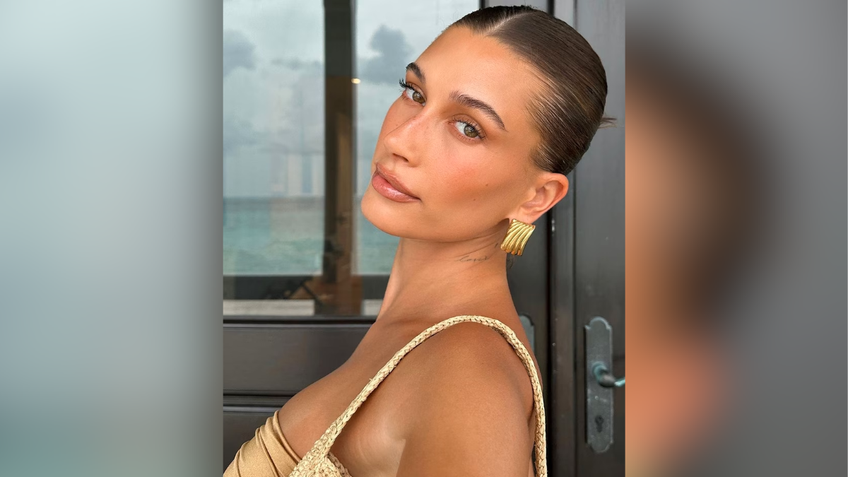 hailey bieber aces tiktok trend latte makeup, blends all over bronze beauty craze